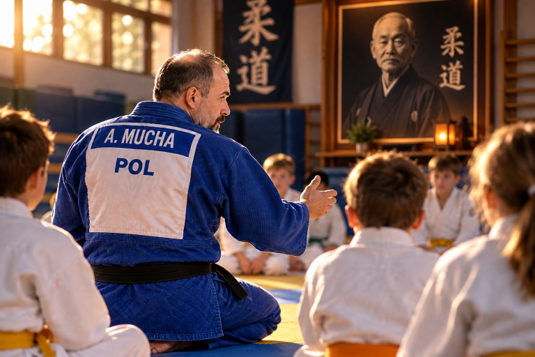 Andrzej Mucha prowadzi trening judo z młodymi adeptami